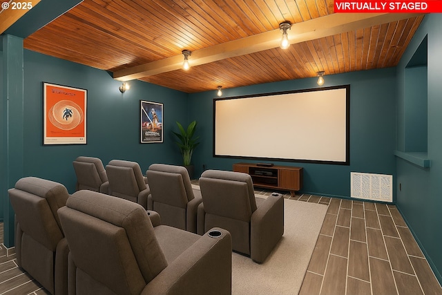 1940 SW 71st Ave, Portland, OR 97225 - home theater featuring wood ceiling with exposed beams and wood finish floors