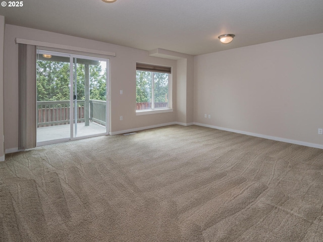 carpeted empty room featuring a wealth of natural light and baseboards