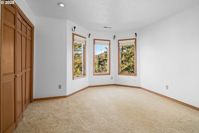 unfurnished bedroom featuring light colored carpet, a textured ceiling, and a closet