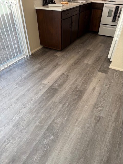 kitchen with white range with electric stovetop, light countertops, dark brown cabinets, and wood finished floors