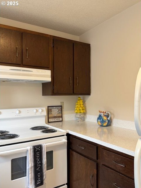 kitchen with dark brown cabinets, light countertops, white range with electric stovetop, and under cabinet range hood