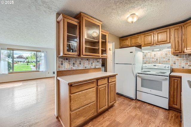 863 NE Fleming Ave Unit B-10, Gresham, OR 97030 - kitchen with white appliances, under cabinet range hood, a textured ceiling, light wood-style floors, and tasteful backsplash