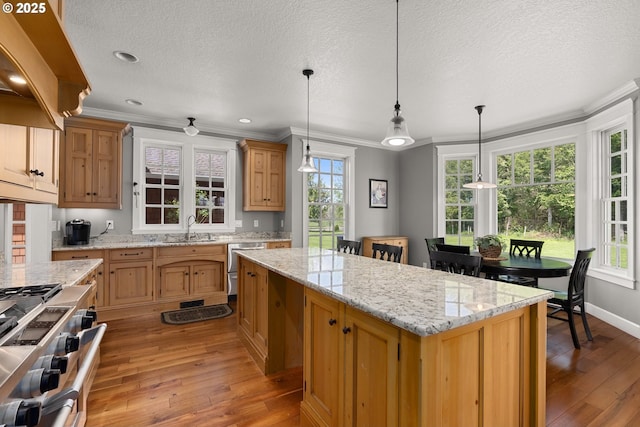 kitchen with a center island, decorative light fixtures, crown molding, and sink