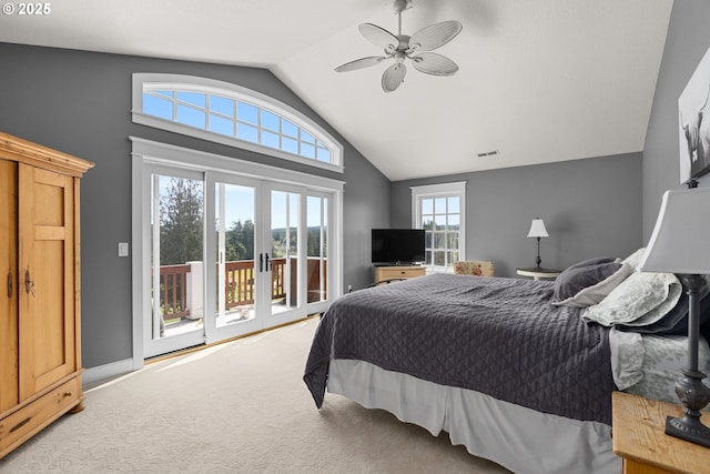 bedroom featuring access to exterior, ceiling fan, french doors, vaulted ceiling, and carpet