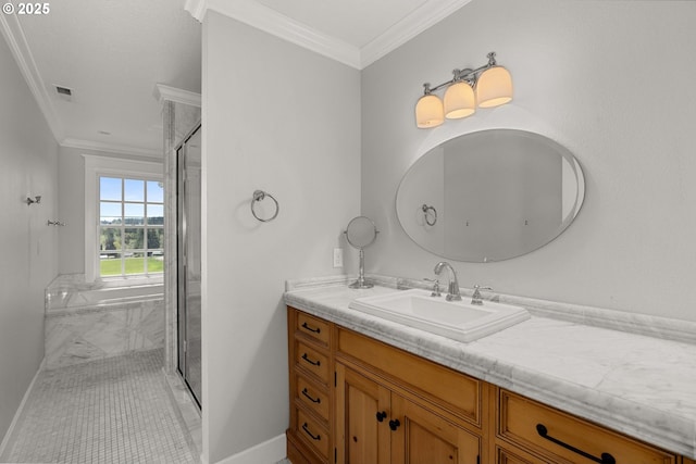 bathroom featuring tile patterned flooring, vanity, crown molding, and walk in shower