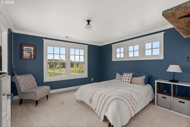 bedroom with light colored carpet and ornamental molding