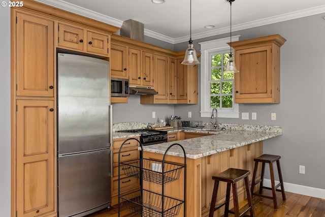 kitchen featuring sink, crown molding, decorative light fixtures, kitchen peninsula, and stainless steel appliances