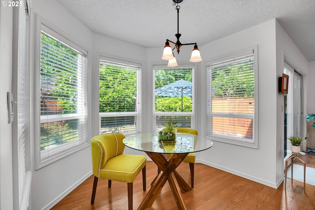 12909 SW Jacob Ct, Portland, OR 97224 - dining area with healthy amount of natural light, wood finished floors, baseboards, a textured ceiling, and a chandelier