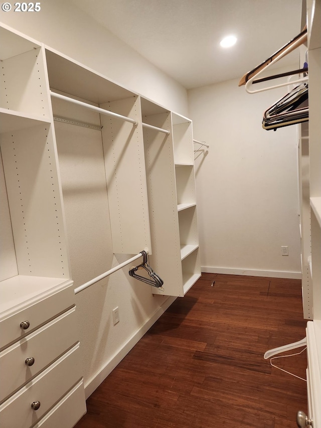 spacious closet with dark wood-style floors