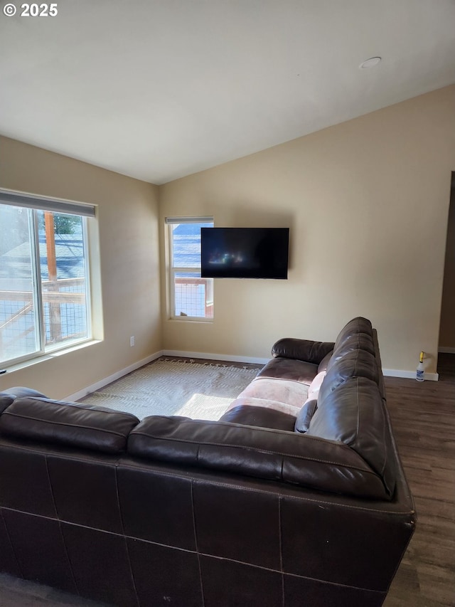 living room featuring baseboards, wood finished floors, and vaulted ceiling