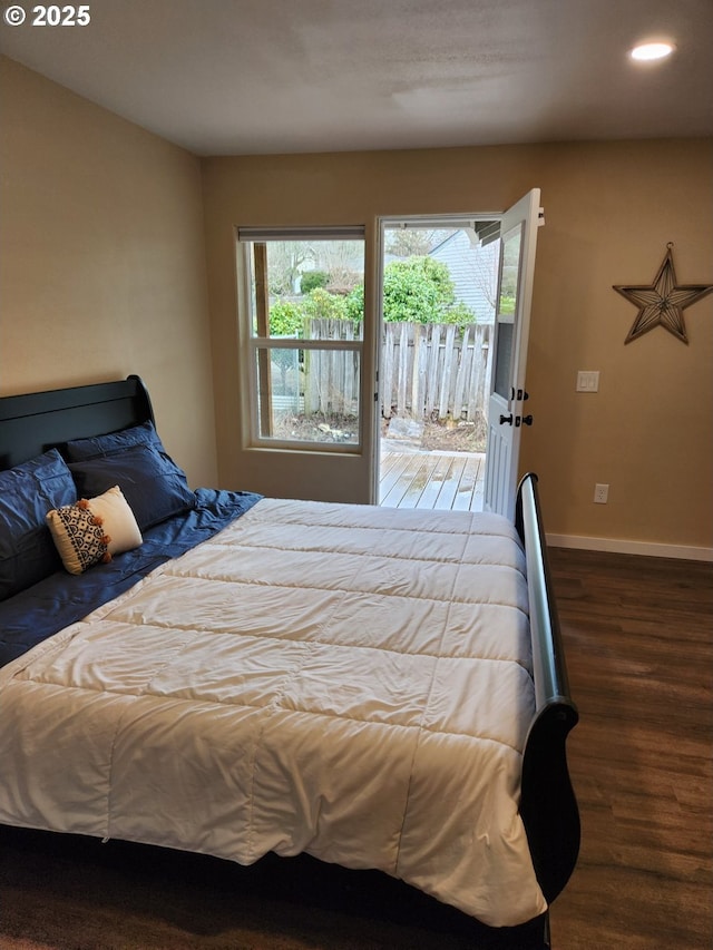 bedroom with baseboards, access to outside, recessed lighting, and wood finished floors