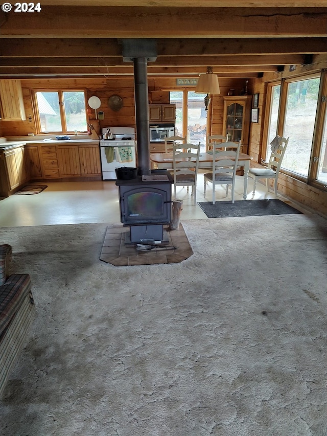 60327 Lower Divide Rd, Joseph, OR 97846 - unfurnished living room featuring wood walls and a wood stove