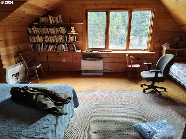 60327 Lower Divide Rd, Joseph, OR 97846 - carpeted bedroom with wooden walls and lofted ceiling