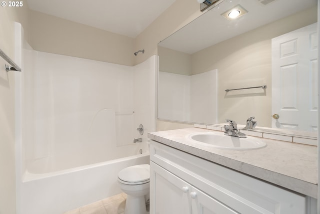 full bathroom with vanity, tub / shower combination, tile patterned floors, and toilet