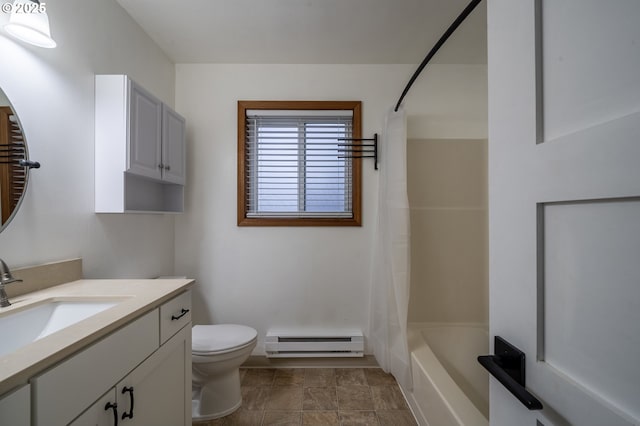 bathroom featuring toilet, a baseboard radiator, shower / bath combination with curtain, and vanity