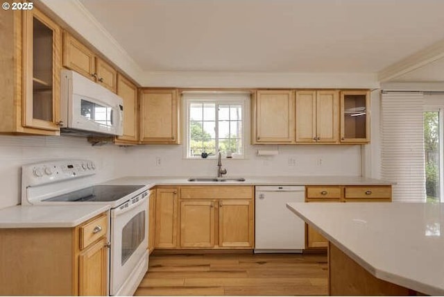 2040 Spruce Ave, Woodland, WA 98674 - kitchen with white appliances, a sink, plenty of natural light, and light wood finished floors