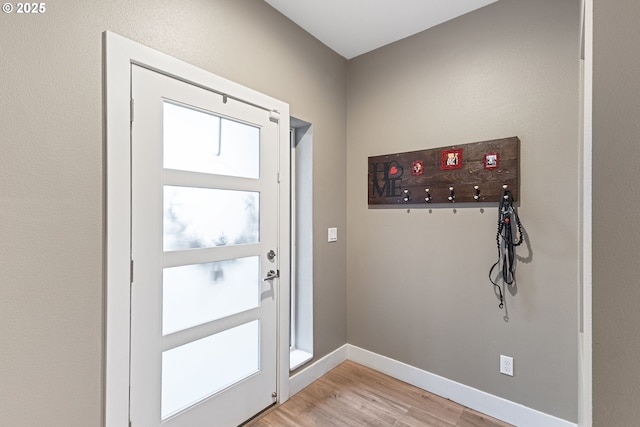 entryway with a wealth of natural light and light hardwood / wood-style flooring