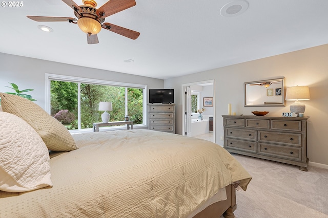 15137 SW Peachtree Dr, Portland, OR 97224 - bedroom with light colored carpet, connected bathroom, recessed lighting, and a ceiling fan