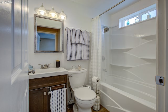 full bath with vanity, toilet, and shower / tub combo with curtain