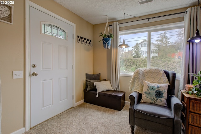 living area with visible vents, a textured ceiling, baseboards, and carpet floors