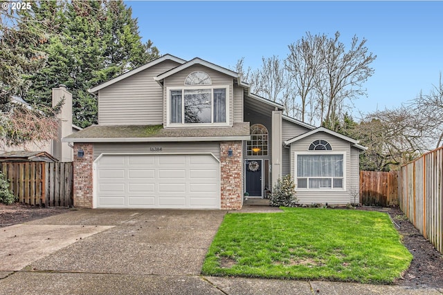 view of front of house with brick siding, a front lawn, fence, a garage, and driveway