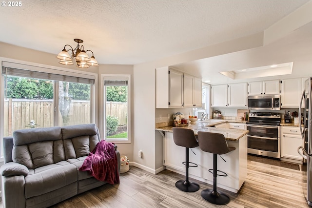 kitchen with open floor plan, light wood-type flooring, a peninsula, stainless steel appliances, and a sink