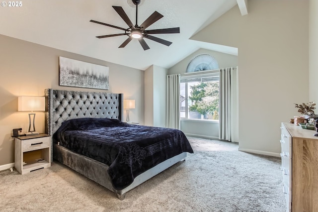 bedroom featuring baseboards, lofted ceiling, a ceiling fan, and carpet flooring