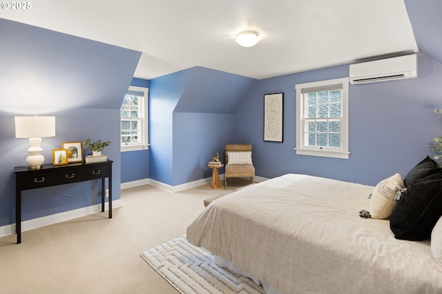 bedroom featuring lofted ceiling, a wall mounted AC, and light colored carpet