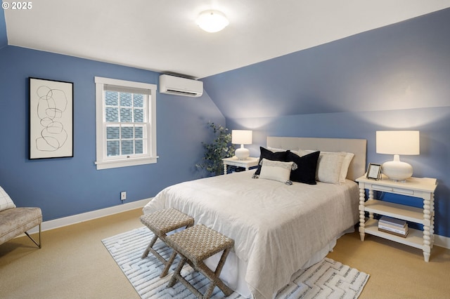 carpeted bedroom featuring lofted ceiling and a wall mounted AC