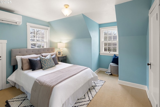 bedroom with lofted ceiling, a wall mounted air conditioner, and light carpet