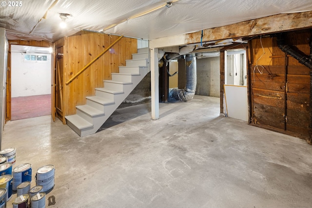 basement with wood walls