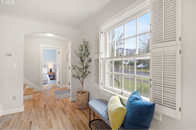 hallway featuring a healthy amount of sunlight and light hardwood / wood-style flooring