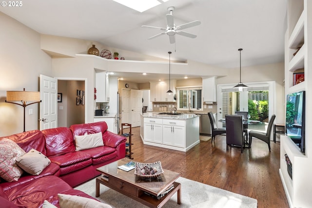 11315 NW Reeves St, Portland, OR 97229 - living room with a ceiling fan, dark wood finished floors, and vaulted ceiling