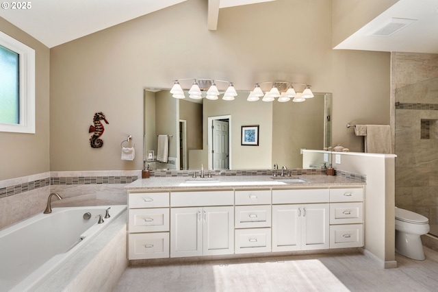11315 NW Reeves St, Portland, OR 97229 - bathroom featuring lofted ceiling, a garden tub, double vanity, toilet, and tiled shower