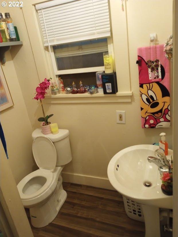 bathroom with toilet, wood-type flooring, and sink