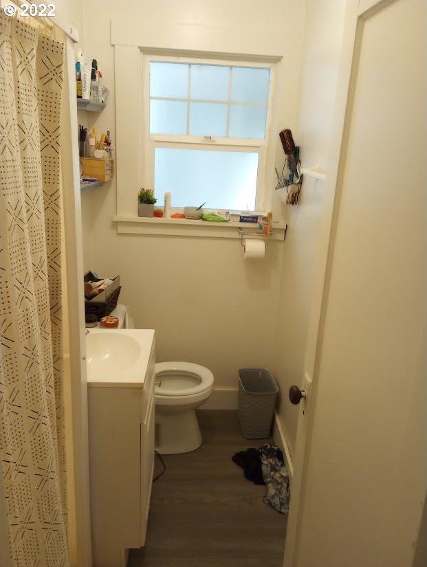 bathroom with toilet, hardwood / wood-style flooring, and vanity