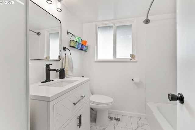 full bathroom featuring baseboards, visible vents, toilet, marble finish floor, and vanity