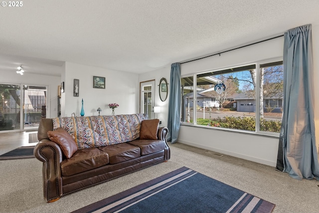 living area with carpet floors, visible vents, baseboards, and a textured ceiling