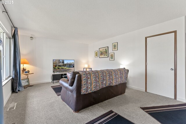 carpeted living area featuring visible vents, a textured ceiling, and baseboards