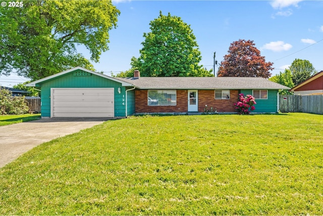 single story home featuring an attached garage, driveway, and a chimney