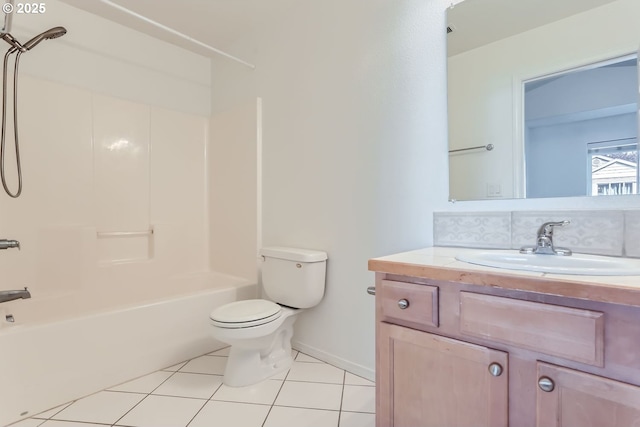 full bathroom with tile patterned floors, toilet, bathing tub / shower combination, tasteful backsplash, and vanity