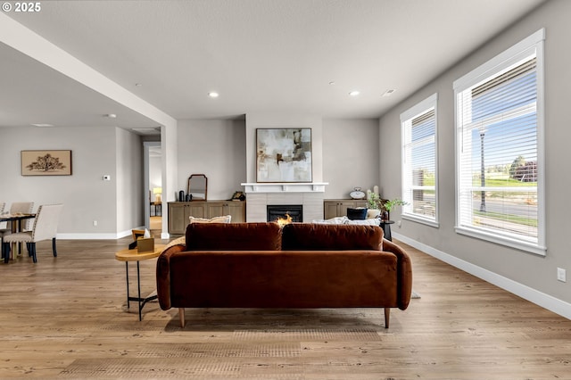 5719 N 87th Ave, Camas, WA 98607 - living area featuring baseboards, a fireplace, light wood-type flooring, and recessed lighting