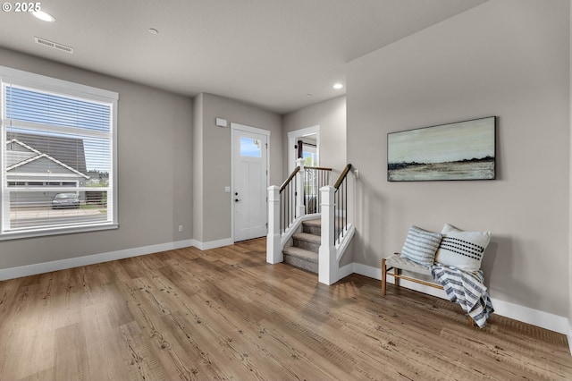 5719 N 87th Ave, Camas, WA 98607 - foyer with baseboards, wood finished floors, stairway, and recessed lighting