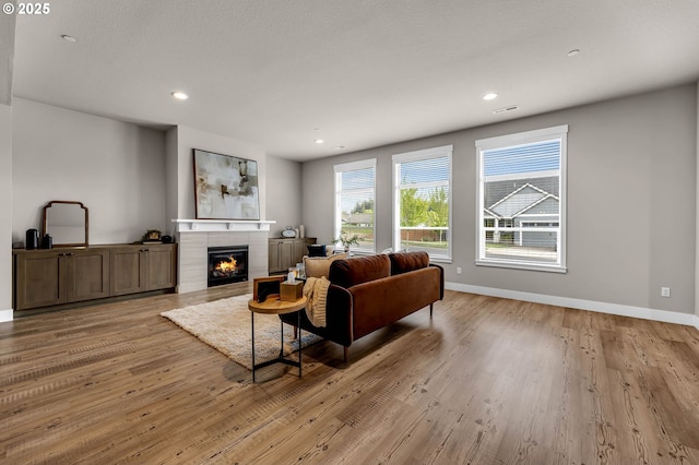 5719 N 87th Ave, Camas, WA 98607 - living area featuring light wood-style floors, a fireplace, baseboards, and recessed lighting