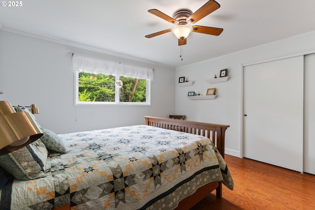bedroom featuring crown molding, ceiling fan, and wood finished floors