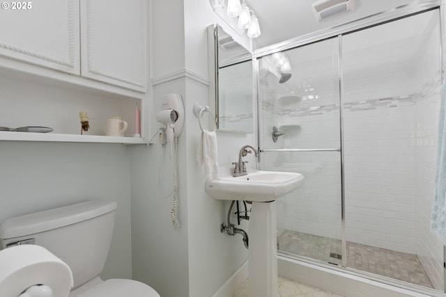 bathroom featuring visible vents, toilet, and a shower stall