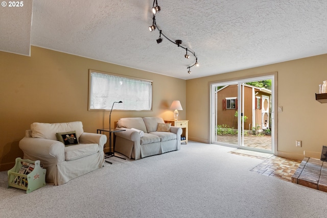 carpeted living area featuring rail lighting and a textured ceiling