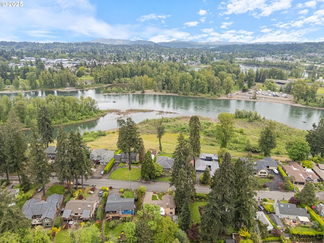 aerial view featuring a water view and a residential view