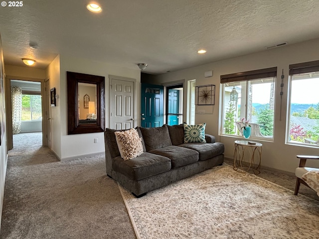 6189 Forest Ridge Dr, Springfield, OR 97478 - living area with carpet floors, a textured ceiling, and recessed lighting