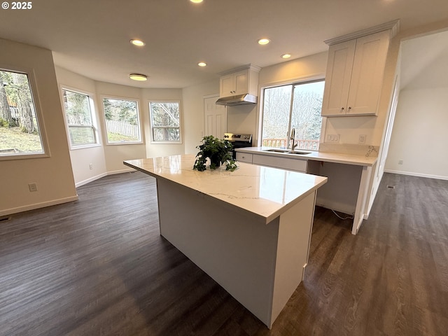 kitchen featuring sink, white cabinets, a kitchen island, dark hardwood / wood-style flooring, and stainless steel range with electric cooktop